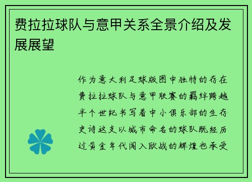 费拉拉球队与意甲关系全景介绍及发展展望