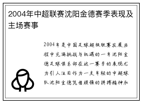 2004年中超联赛沈阳金德赛季表现及主场赛事